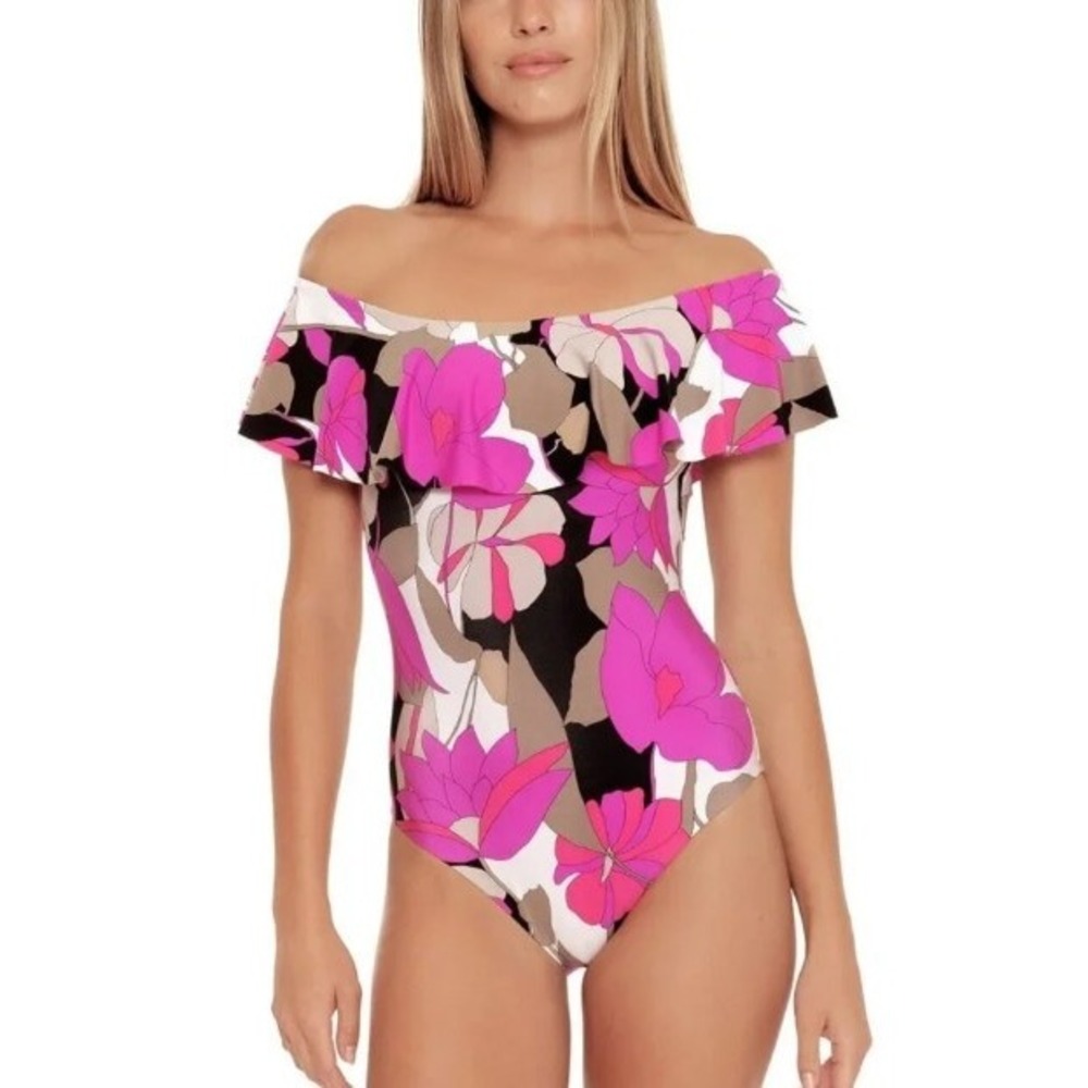 Trina Turk 8 Pink Black Lynx Ruffle Off The Shoulder One Piece Swimsuit NWT
